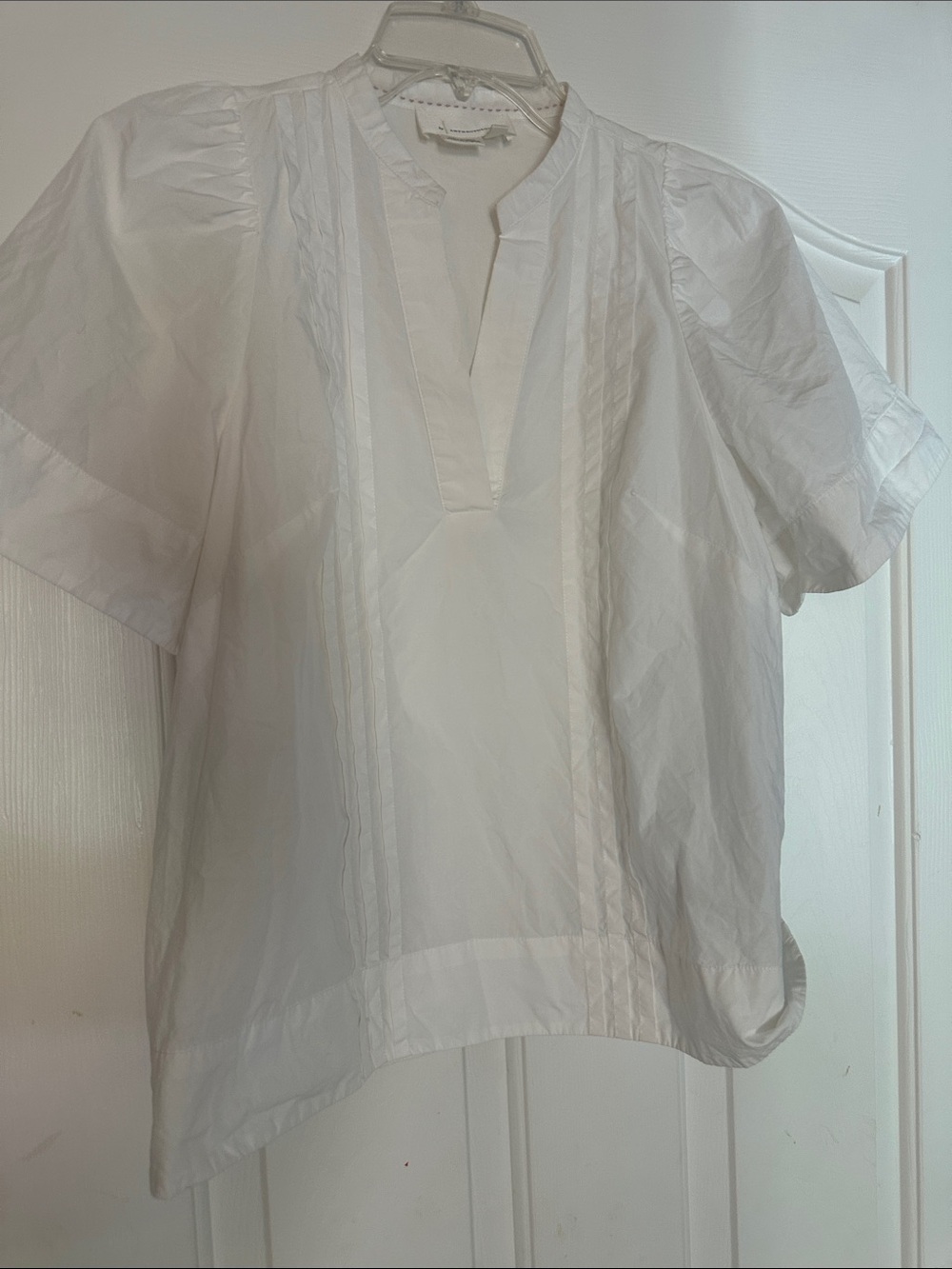 Anthropologie White Pintuck V-Neck Short Sleeve Blouse